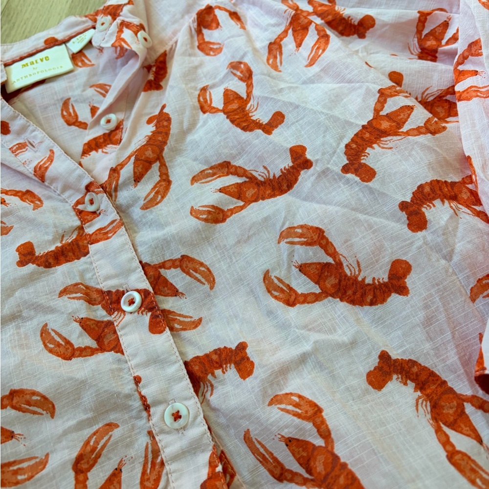 Maeve Anthropologie Lobster Print Button Down Blouse XS Pink Coastal Cotton Top - Picture 4 of 7